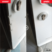 Réparation et laquage d'une porte d'entrée ALU après effraction, avec des marques de pesées