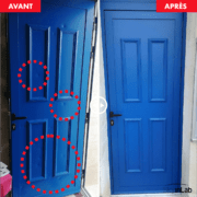 Réparation et laquage d'une porte d'entrée ALU avec impacts de grêle