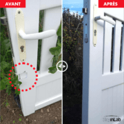 Réparation et laquage d'un portillon PVC blanc, avec greffe de matière