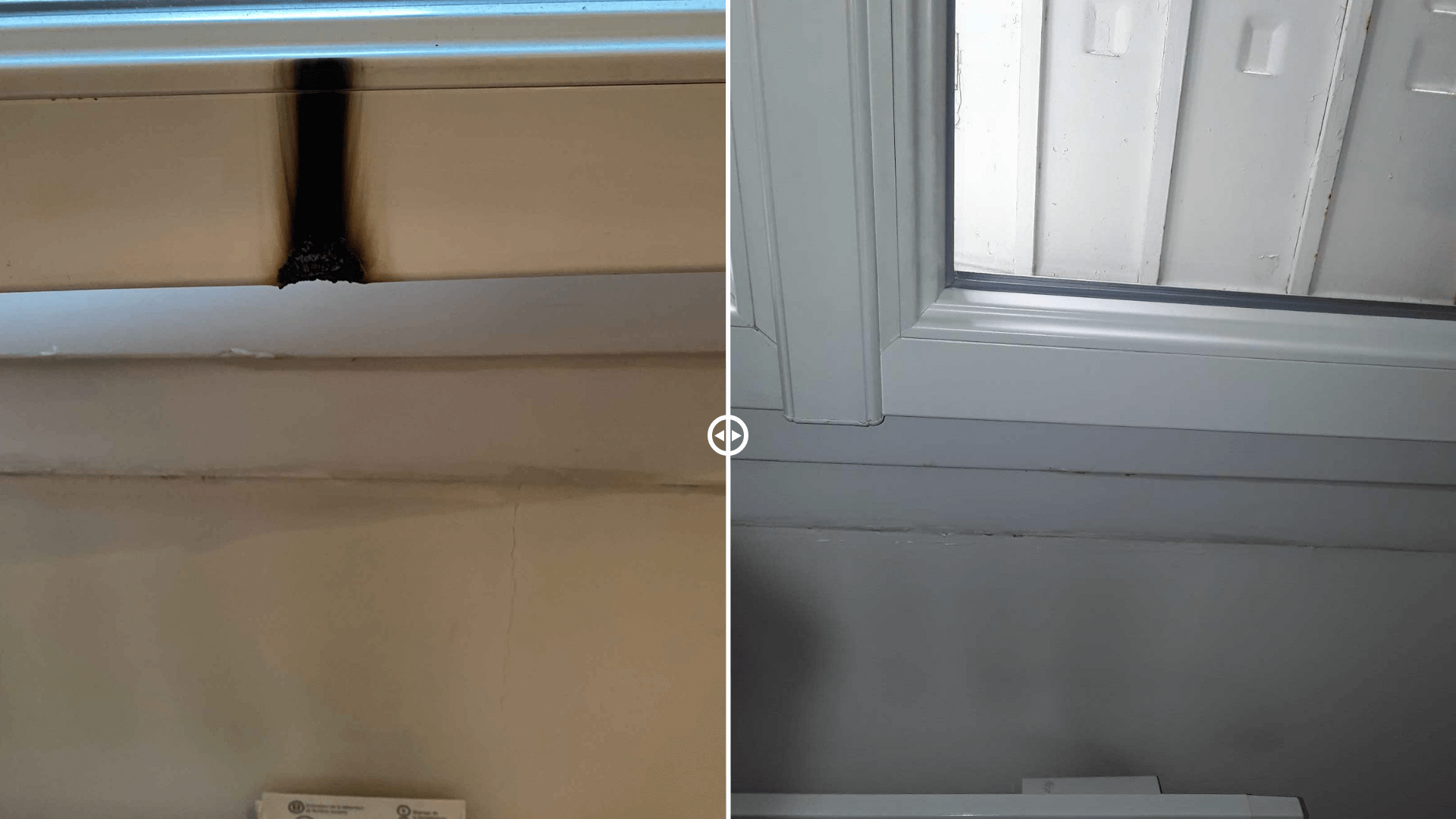 reparationetlaquagedemenuiseireapresincendie-skyinlab Réparation, laquage pour une remise en état à l'identique d'une fenêtre PVC après incendie.