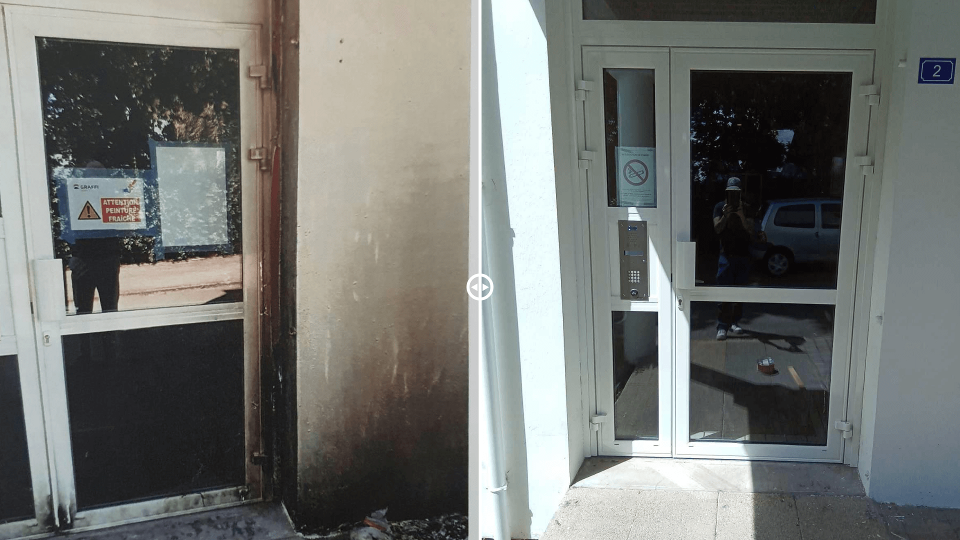 sauvegardemenuiserieapresincendie-skyinlab Remise en état à l'identique suite à incendie d'une porte d'entrée alu