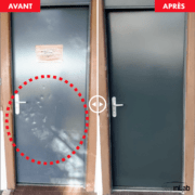 Réparation et laquage d'une porte alu vandalisée