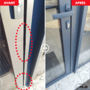 Réparation et laquage d'une porte Alu d'un commerce après une tentative d'effraction