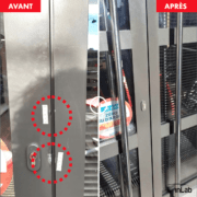 Réparation et laquage d'une double porte d'entrée en alu d'un commerce après effraction