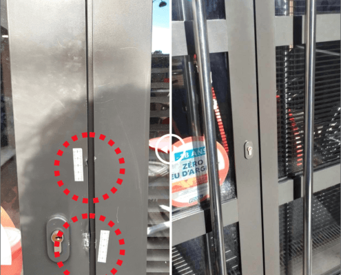 Réparation et laquage d'une double porte d'entrée en alu d'un commerce après effraction